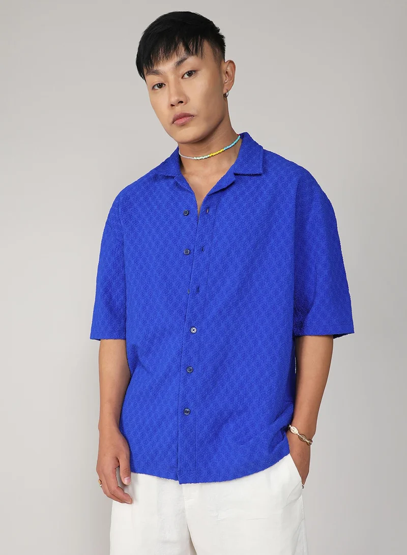 Men's Royal Blue Textured Geometric Oversized Shirt For Casual Wear | Spread Collar | Short Sleeve | Button Closure | Oversized Shirt Crafted With Comfort Fit For Everyday Wear