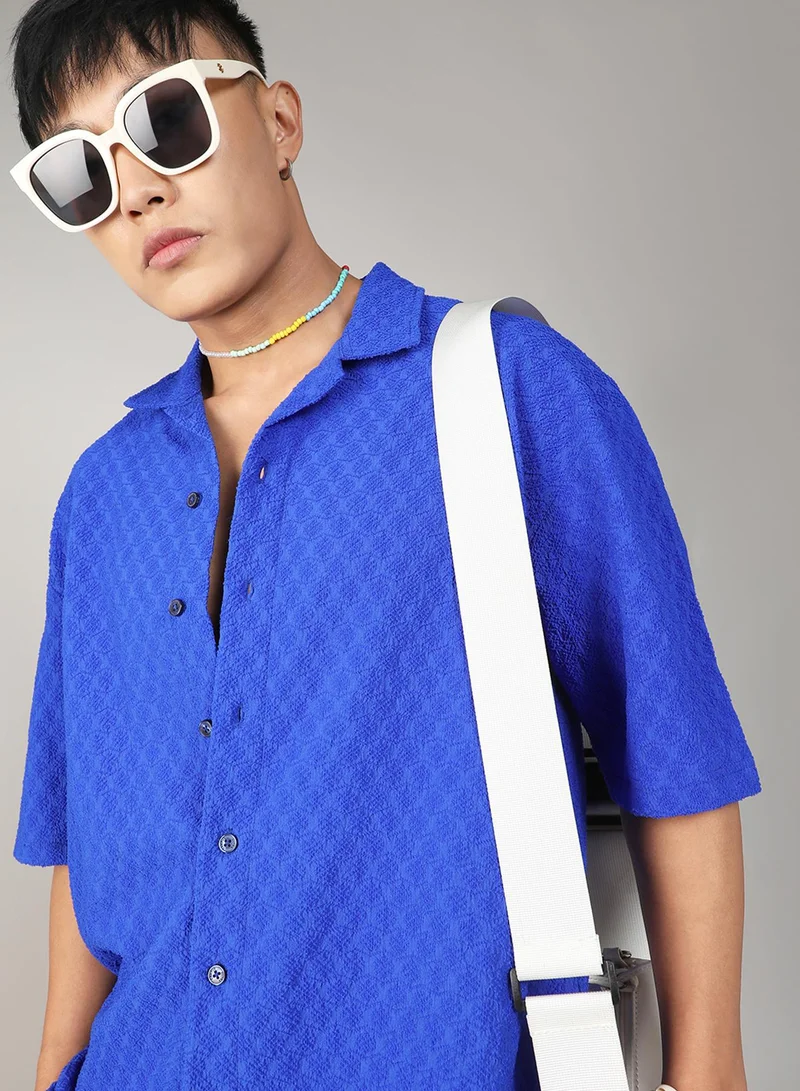 CAHOOT  Men's Royal Blue Textured Geometric Oversized Shirt For Casual Wear | Spread Collar | Short Sleeve | Button Closure | Oversized Shirt Crafted With Comfort Fit For Everyday Wear for Men | Best Price UAE
