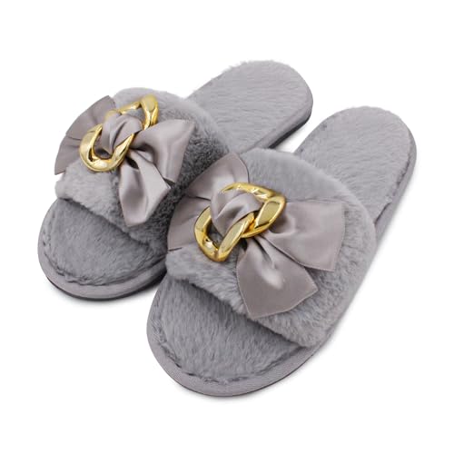 VRITRAZ Classy Fur Bow Design Comfortable | Anti Skid | Lightweight Winter Slipper For Girls and Womens, Warm House Chappal (Color-Grey, Size-7) - Image 1