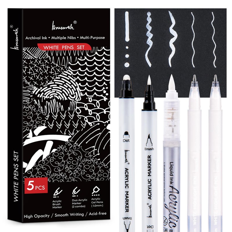 Brusarth White Pens Set, 5 Pack, 1mm White Gel Pens, Dual-Tip Acrylic Paint Pen, Brush Tip Acrylic Markers for Black Paper Drawing, Sketching, Illustration, Card Making, Bullet Journaling - Image 1
