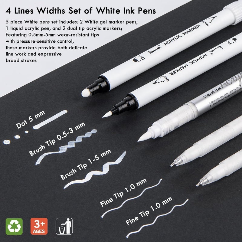 Brusarth White Pens Set, 5 Pack, 1mm White Gel Pens, Dual-Tip Acrylic Paint Pen, Brush Tip Acrylic Markers for Black Paper Drawing, Sketching, Illustration, Card Making, Bullet Journaling - Image 2