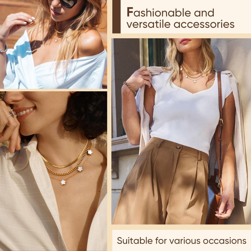 MPRAINBOW Gold Layered Necklace for Women - 3Pcs 18K Gold Plated Floral Necklaces, Stainless Steel Stackable Cuban Link Chain Non Tarnish Trendy Jewelry, Herringbone Chokers Christmas Birthday Gifts for Her - Image 5
