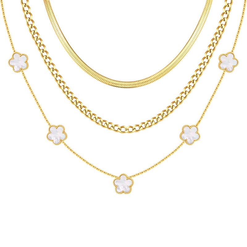 MPRAINBOW Gold Layered Necklace for Women - 3Pcs 18K Gold Plated Floral Necklaces, Stainless Steel Stackable Cuban Link Chain Non Tarnish Trendy Jewelry, Herringbone Chokers Christmas Birthday Gifts for Her - Image 1