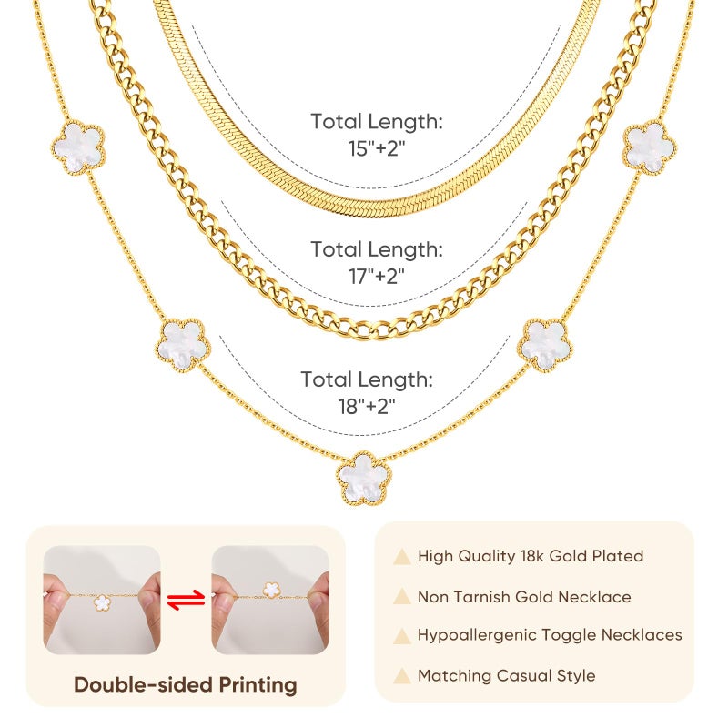 MPRAINBOW Gold Layered Necklace for Women - 3Pcs 18K Gold Plated Floral Necklaces, Stainless Steel Stackable Cuban Link Chain Non Tarnish Trendy Jewelry, Herringbone Chokers Christmas Birthday Gifts for Her - Image 3