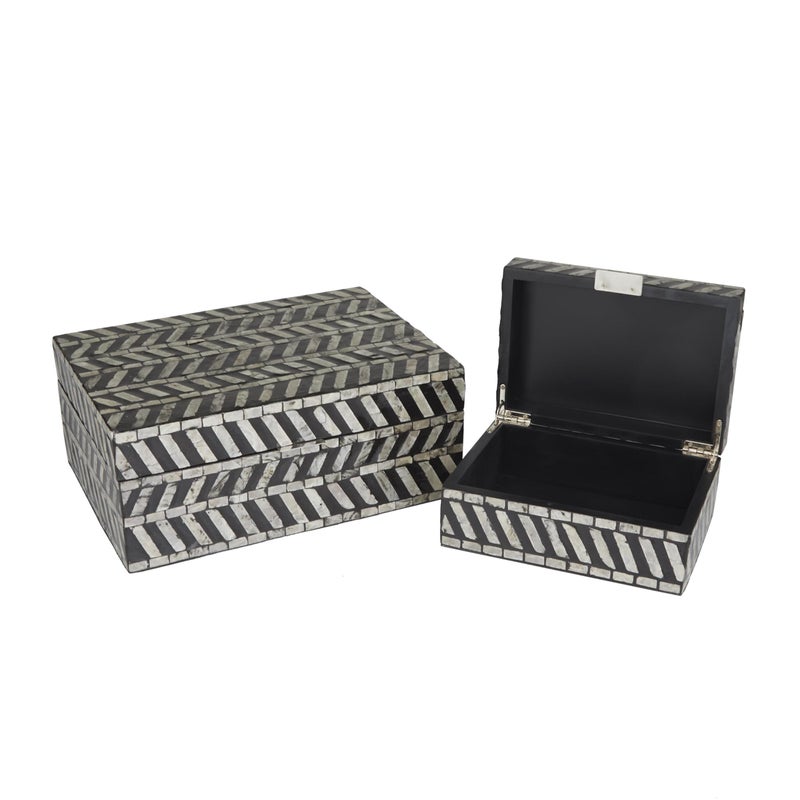Deco 79 Mother of Pearl Shell Handmade Decorative Box Chevron Pattern Decorative Keepsake Boxes with Hinged Lid Set of 2 Storage Boxes 12 8W Gray