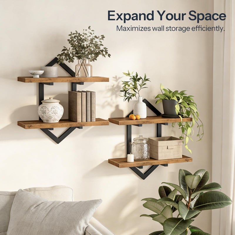 HOOBRO Floating Shelves, 15 Inch Wall Shelf Set of 2, Wall Mounted Storage Shelves 2-Tier, Hanging Bathroom Shelves, for Living Room, Bedroom, Bathroom, Kitchen, Rustic Brown and Black BF13BJP201 - Image 4