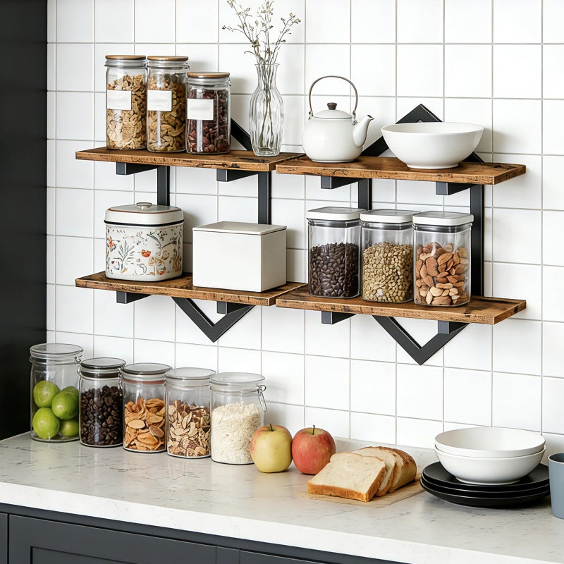 HOOBRO Floating Shelves, 15 Inch Wall Shelf Set of 2, Wall Mounted Storage Shelves 2-Tier, Hanging Bathroom Shelves, for Living Room, Bedroom, Bathroom, Kitchen, Rustic Brown and Black BF13BJP201 - Image 3