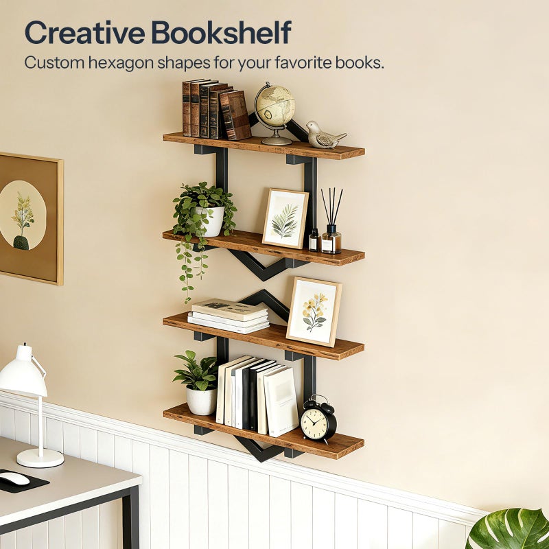 HOOBRO Floating Shelves, 15 Inch Wall Shelf Set of 2, Wall Mounted Storage Shelves 2-Tier, Hanging Bathroom Shelves, for Living Room, Bedroom, Bathroom, Kitchen, Rustic Brown and Black BF13BJP201 - Image 2