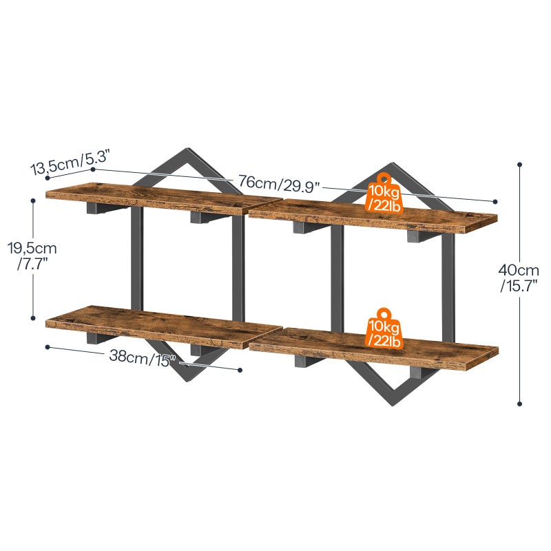 HOOBRO Floating Shelves, 15 Inch Wall Shelf Set of 2, Wall Mounted Storage Shelves 2-Tier, Hanging Bathroom Shelves, for Living Room, Bedroom, Bathroom, Kitchen, Rustic Brown and Black BF13BJP201 - Image 5