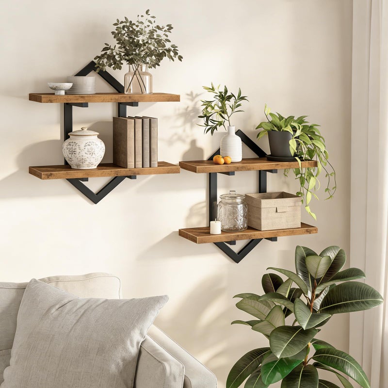 HOOBRO Floating Shelves, 15 Inch Wall Shelf Set of 2, Wall Mounted Storage Shelves 2-Tier, Hanging Bathroom Shelves, for Living Room, Bedroom, Bathroom, Kitchen, Rustic Brown and Black BF13BJP201 - Image 1