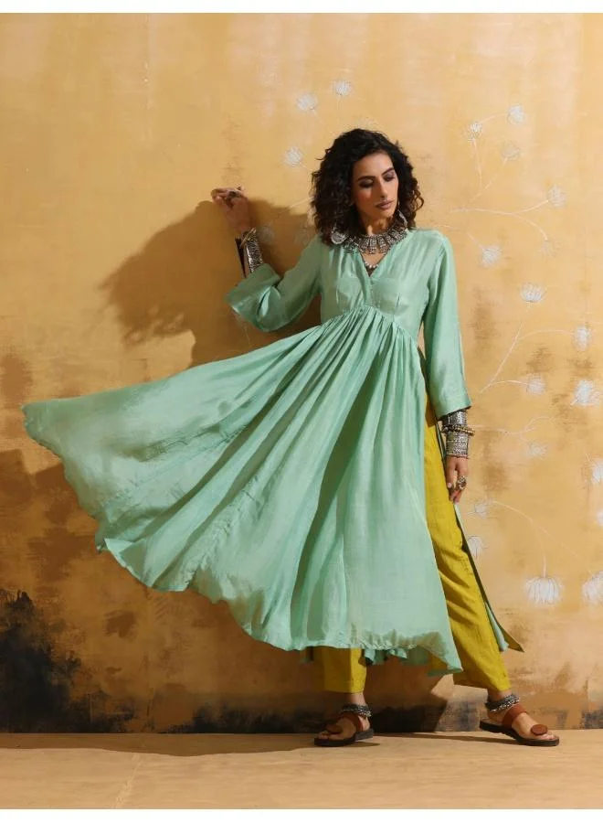 ترو برونز trueBrowns Mint Green Muslin Silk Anarkali Kurta Pant Set