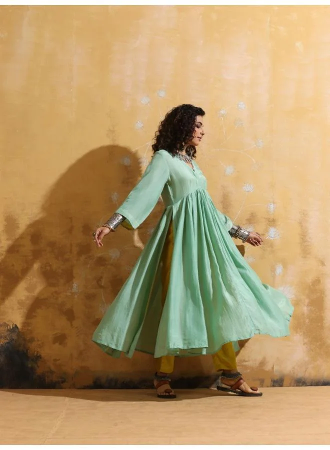 trueBrowns trueBrowns Mint Green Muslin Silk Anarkali Kurta Pant Set