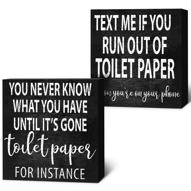 Jetec 2 Pieces Funny Farmhouse Bathroom Signs Decor Classic Wooden Box Sign Rustic Toilet Paper Sign Guest Restroom Wooden Wall Art for Home Bathroom Toilet Decoration 6 x 6 Inch Vivid Style