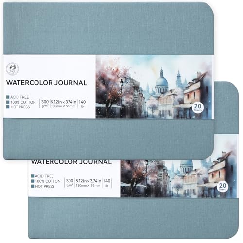 Lightwish Watercolor Sketchbook, 100% Cotton Hot Press Art Supplies Watercolor Paper Journal 3.8 * 5.1In, 2 Pack 40 Sheets (140lb/300gsm), Acid-Free for Watercolors, Gouache, Acrylics(Grey Blue) - Image 1