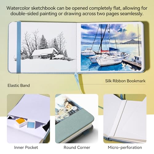Lightwish Watercolor Sketchbook, 100% Cotton Hot Press Art Supplies Watercolor Paper Journal 3.8 * 5.1In, 2 Pack 40 Sheets (140lb/300gsm), Acid-Free for Watercolors, Gouache, Acrylics(Grey Blue) - Image 2