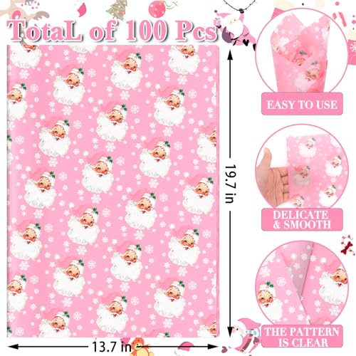 Welpurch 100 Sheets Pink Xmas Santa Tissue Paper 20 x 14in Snowflake Print Wrapping Tissue Cute Santa Art Decorative for Christmas Girls Baby Shower Birthday Party Supplies Pink - Image 3