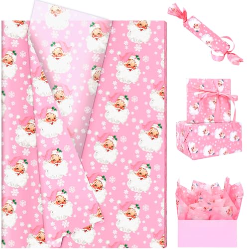 Welpurch 100 Sheets Pink Xmas Santa Tissue Paper 20 x 14in Snowflake Print Wrapping Tissue Cute Santa Art Decorative for Christmas Girls Baby Shower Birthday Party Supplies Pink - Image 1