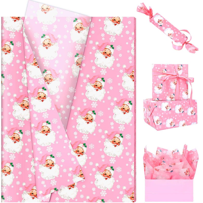 Welpurch 100 Sheets Pink Xmas Santa Tissue Paper 20 x 14in Snowflake Print Wrapping Tissue Cute Santa Art Decorative for Christmas Girls Baby Shower Birthday Party Supplies Pink - Image 2