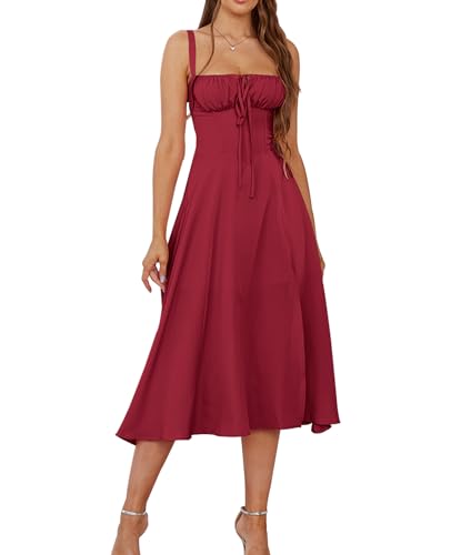 GLNEGE Wedding Guest Dresses for Women Midi Corset Lace Up A Line Dress Solid Flowy Slit Going Out Sundress for Tea Party - Image 1