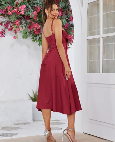 GLNEGE Wedding Guest Dresses for Women Midi Corset Lace Up A Line Dress Solid Flowy Slit Going Out Sundress for Tea Party - Image 3