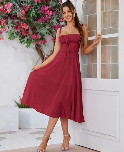 GLNEGE Wedding Guest Dresses for Women Midi Corset Lace Up A Line Dress Solid Flowy Slit Going Out Sundress for Tea Party - Image 5