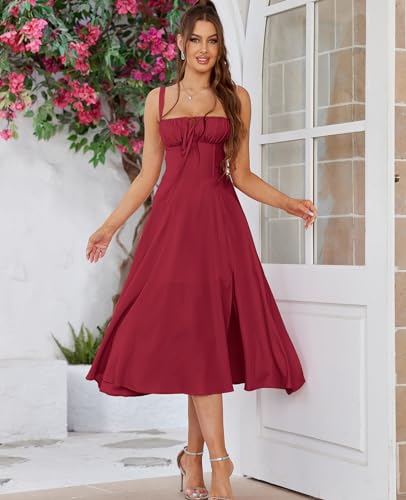 GLNEGE Wedding Guest Dresses for Women Midi Corset Lace Up A Line Dress Solid Flowy Slit Going Out Sundress for Tea Party - Image 2