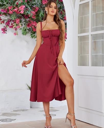 GLNEGE Wedding Guest Dresses for Women Midi Corset Lace Up A Line Dress Solid Flowy Slit Going Out Sundress for Tea Party - Image 4