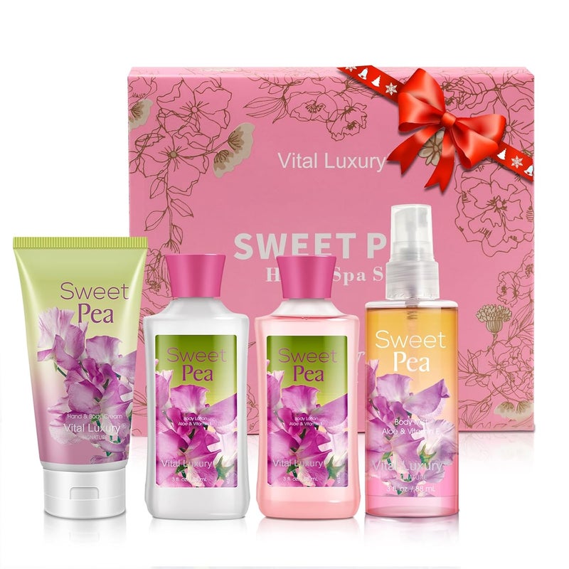 Vital Luxury Sweet Pea Bath  Body Kit 3 Fl Oz Ideal Skincare Gift Home Spa Set Includes Body Lotion Shower Gel Body Cream and Fragrance Mist Birthday Mothers Valentines Day Gifts for Her