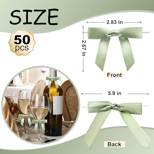 Sokfone Satin Ribbon Light Green Bow Decor 2.5" Premade Light Green Twist Tie Bows for Gift Wrapping Bow for Treat Bags Party Favors Wedding Decorations - 50 Counts - Image 3