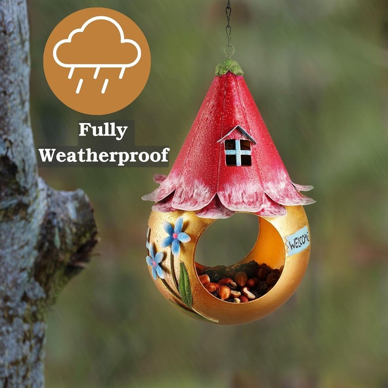 Muldale Solar Bird Feeder - Waterproof Unique Bird Feeders for The Garden - Small Fairy House Design Rustproof - Outside Hanging Metal Bird Feeding Gift with LED Light - Gift Boxed - Image 4