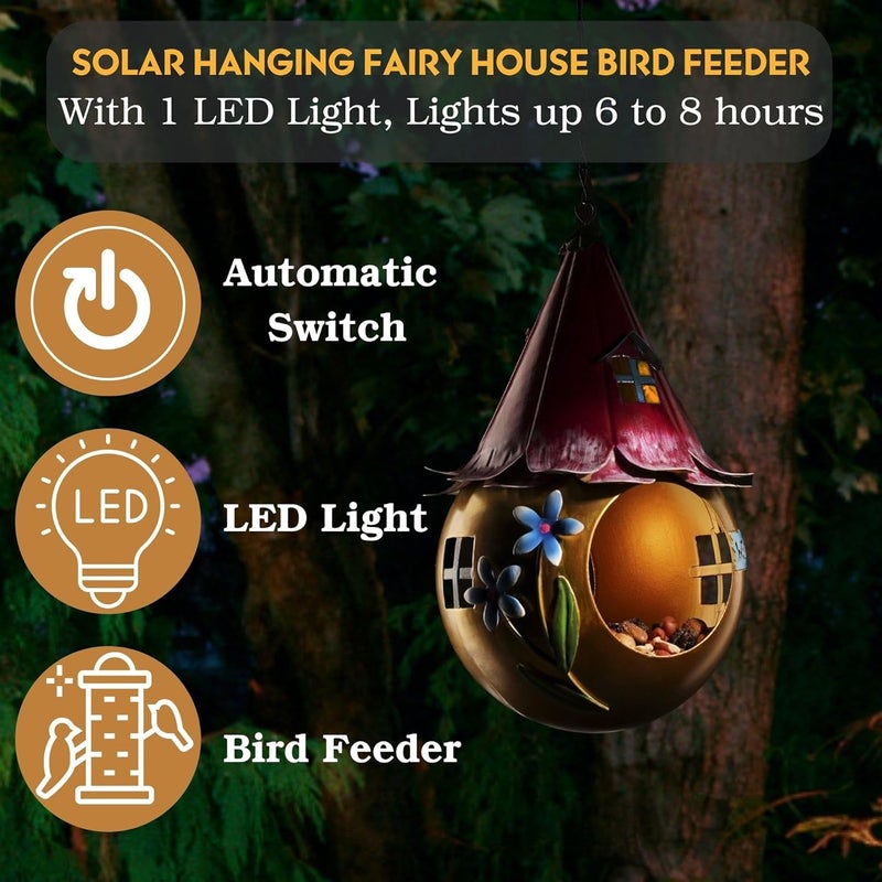 Muldale Solar Bird Feeder - Waterproof Unique Bird Feeders for The Garden - Small Fairy House Design Rustproof - Outside Hanging Metal Bird Feeding Gift with LED Light - Gift Boxed - Image 2