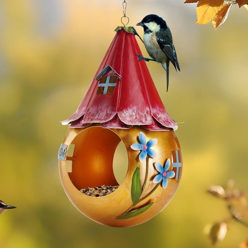 Muldale Solar Bird Feeder - Waterproof Unique Bird Feeders for The Garden - Small Fairy House Design Rustproof - Outside Hanging Metal Bird Feeding Gift with LED Light - Gift Boxed - Image 1