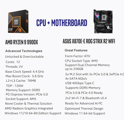 MICRO CENTER AMD Ryzen 9 9900X CPU Processor with ASUS ROG Strix X870E-E R2 Gaming WiFi ATX Motherboard (WiFi 7, 5X M.2, PCIe 5.0, USB4 Type-C) - Image 2