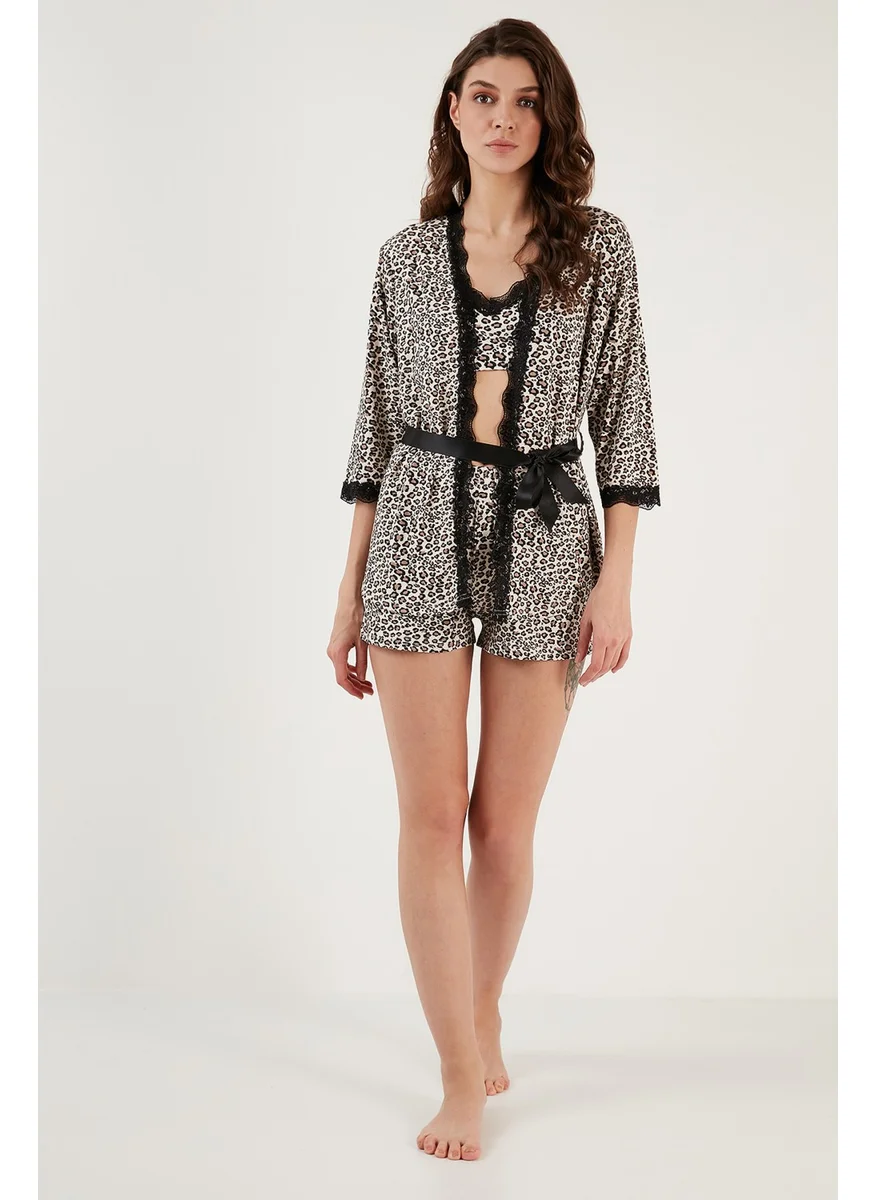 Lela Patterned Lace Detailed Pajama Set with Dressing Gown and 3-Piece Shorts Women's Pajama Set 6097555