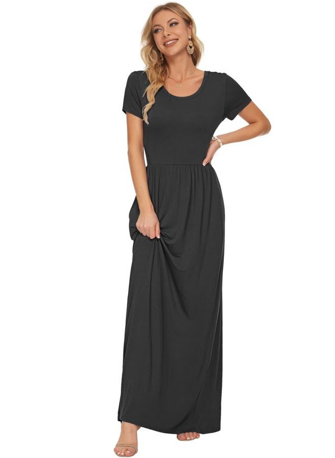 AUSELILY Women's Classic Short Sleeve Loose Plain Casual Long Maxi Dresses for Women 2026, 01-black, L - Image 3