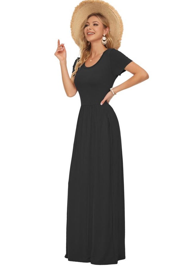 AUSELILY Women's Classic Short Sleeve Loose Plain Casual Long Maxi Dresses for Women 2026, 01-black, L - Image 5