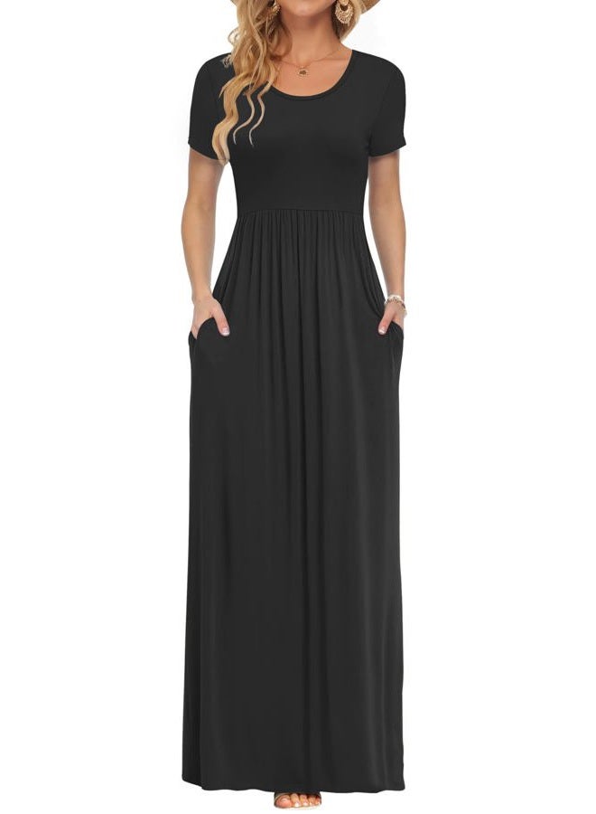 AUSELILY Women's Classic Short Sleeve Loose Plain Casual Long Maxi Dresses for Women 2026, 01-black, L - Image 1