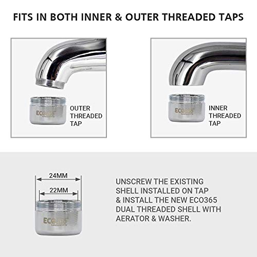 ECO365 Kitchen Tap 3 LPM Dual Threaded Shell Aerator | Water Saving Faucet Nozzle | Fits Inner (24mm) & Outer (22mm) Taps | Eco-Friendly, Anti-Splash, Rust Resistant - (Pack of 2) - Image 4