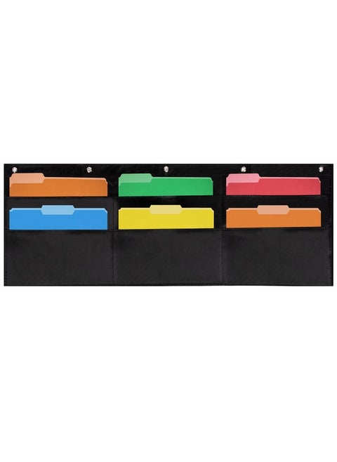 - 6 Pocket Horizontal File Hanging Paper Organizer For Letter Documents, Black, 42" Wide X 15.5" - Hanging Pocket File Organizer - Black Pocket Chart For Classroom & Office - 6 Pockets