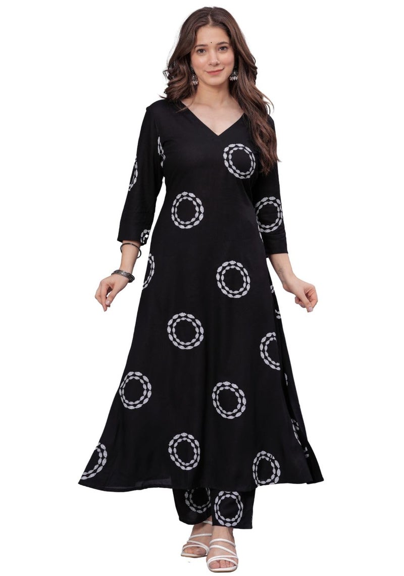 rytras Women's Rayon Printed Anarkali Kurta Set with Palazzo Pants - Ethnic Wear, Black(RYT591,S) - Image 1