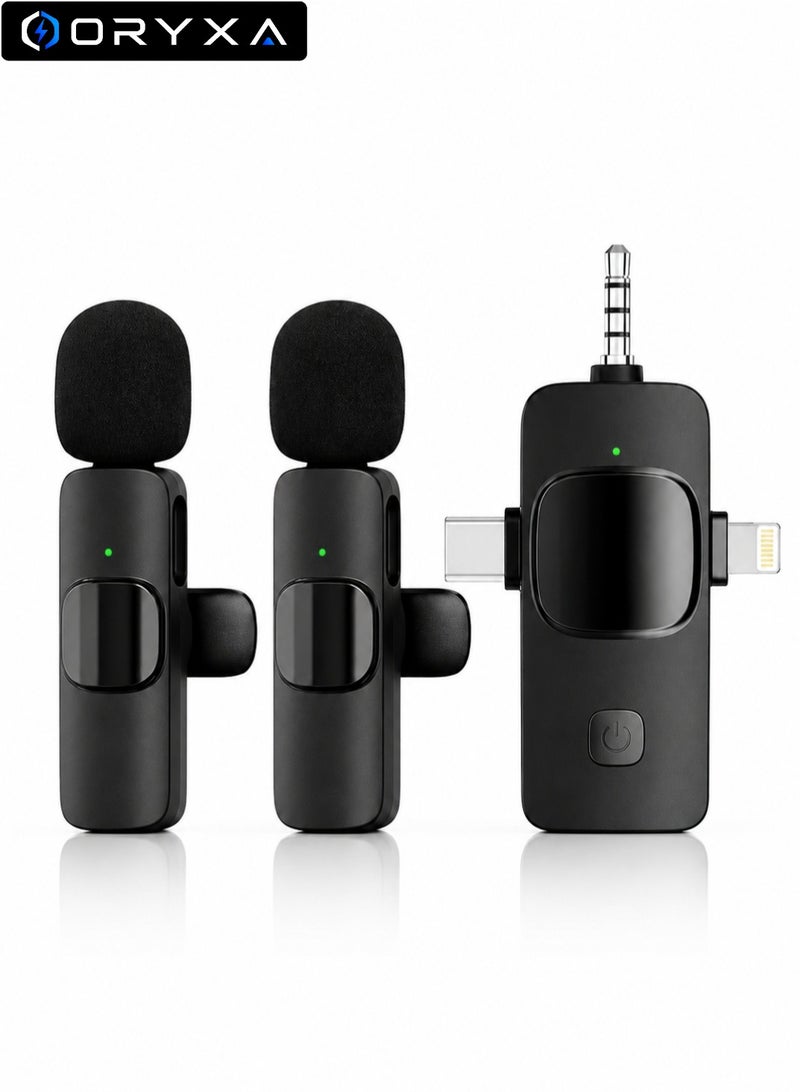 ORYXA Wireless Lavalier Microphone 3-in-1 Dual Mic Set for iPhone, Android, Camera & Computer, USB-C, Lightning & 3.5mm Clip-On Lapel Microphone with Intelligent Noise Reduction, Plug & Play Mini Mic for Vlogging, YouTube, TikTok, Live Streaming, Recording - Image 1