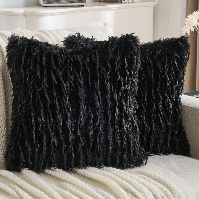 FUTEI Black Decorative Throw Pillow Covers 18x18 Inch Set of 2,Soft Fluffy Faux Feather Texture Cushion Cases,Modern Home Luxury Decor for Couch Bed Living Room - Image 1