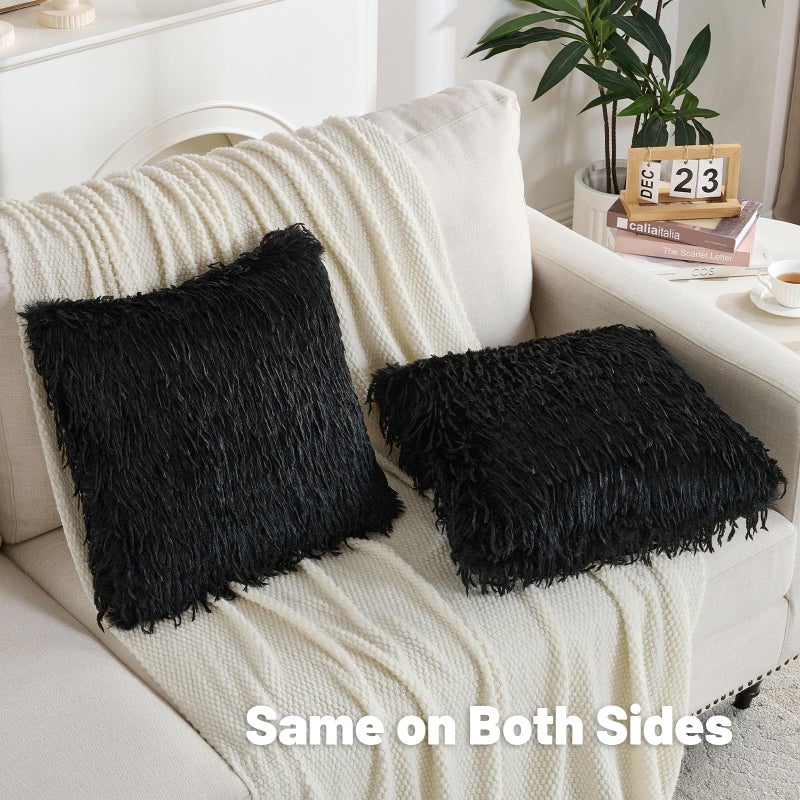 FUTEI Black Decorative Throw Pillow Covers 18x18 Inch Set of 2,Soft Fluffy Faux Feather Texture Cushion Cases,Modern Home Luxury Decor for Couch Bed Living Room - Image 4