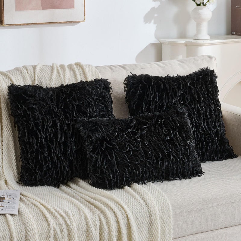 FUTEI Black Decorative Throw Pillow Covers 18x18 Inch Set of 2,Soft Fluffy Faux Feather Texture Cushion Cases,Modern Home Luxury Decor for Couch Bed Living Room - Image 5