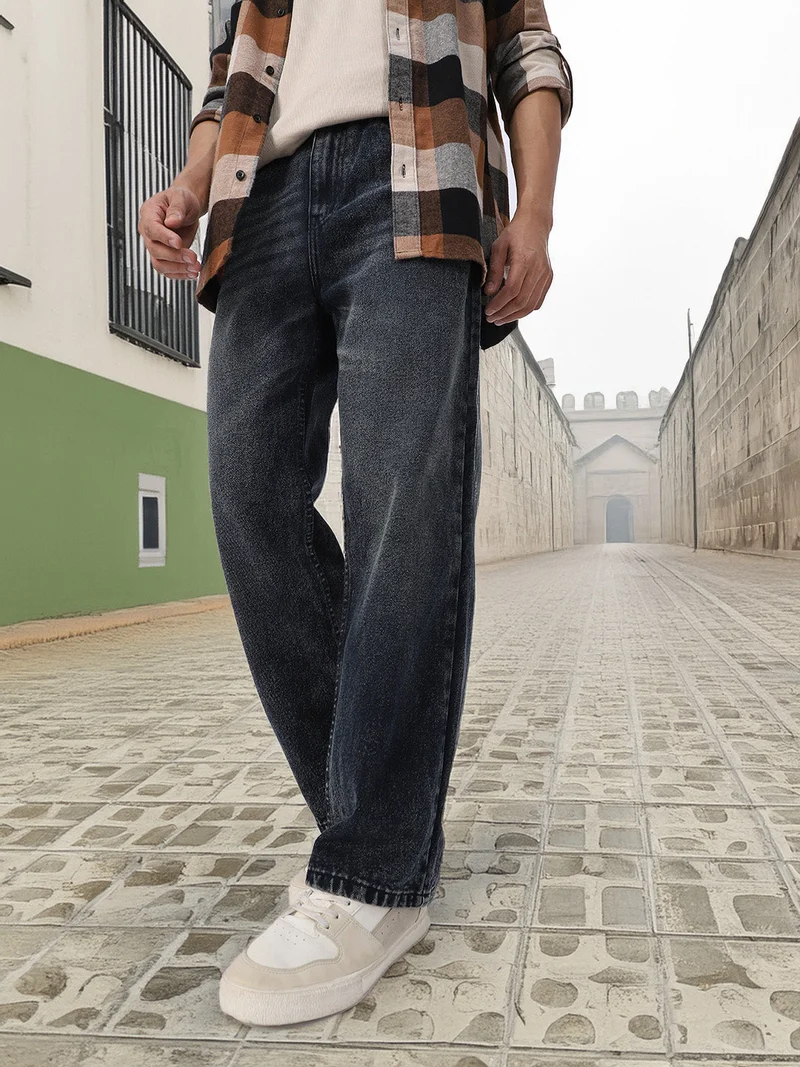 Urbano Fashion Men's Black Loose Baggy Fit Washed Jeans Non-Stretchable