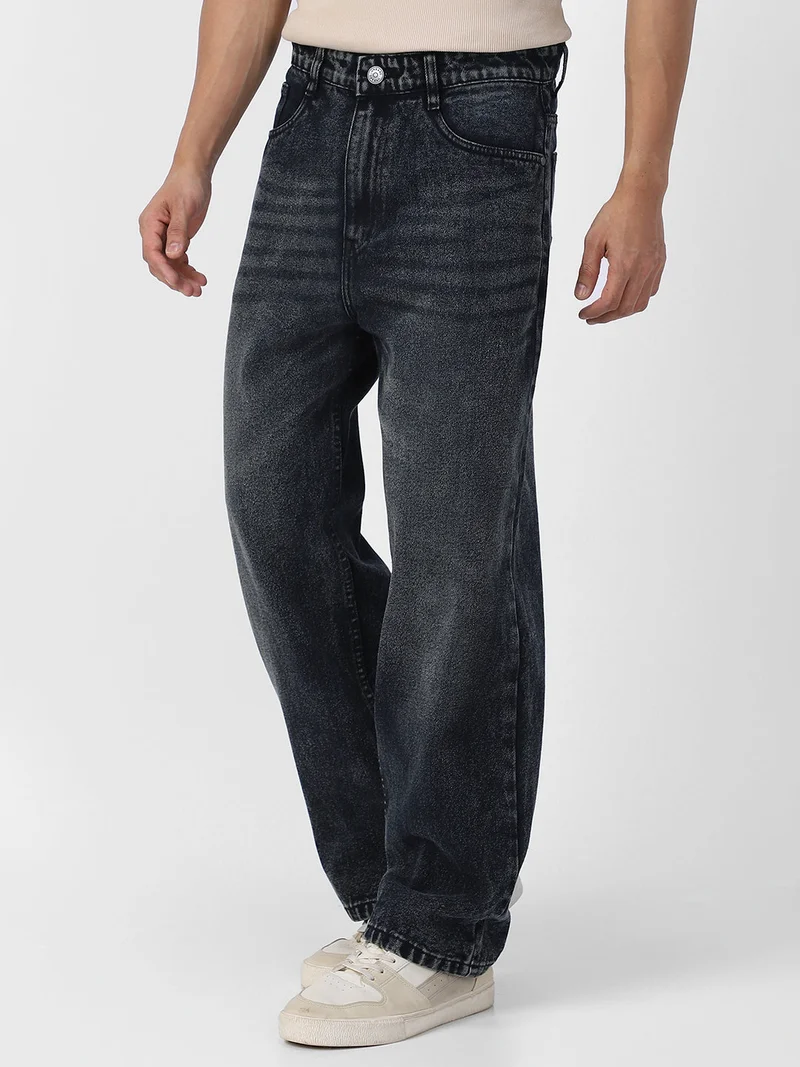 Urbano Fashion  Urbano Fashion Men's Black Loose Baggy Fit Washed Jeans Non-Stretchable for Men | Best Price UAE