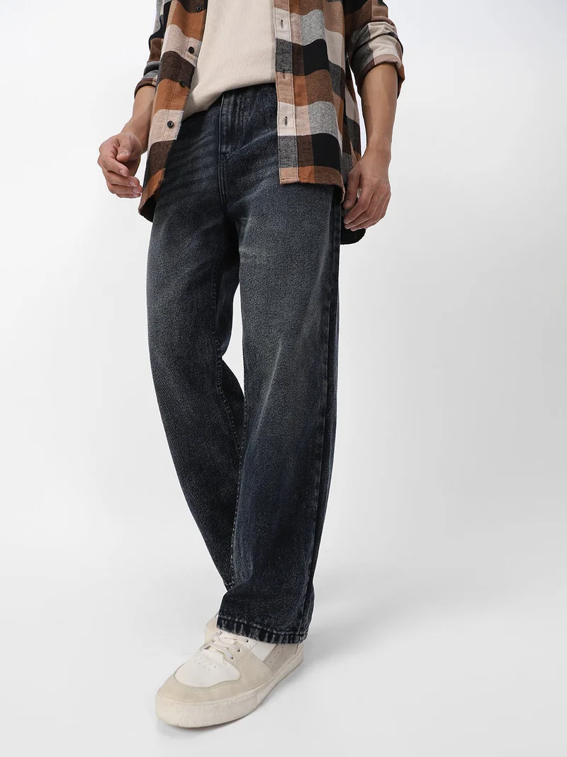 Urbano Fashion  Urbano Fashion Men's Black Loose Baggy Fit Washed Jeans Non-Stretchable for Men | Best Price UAE