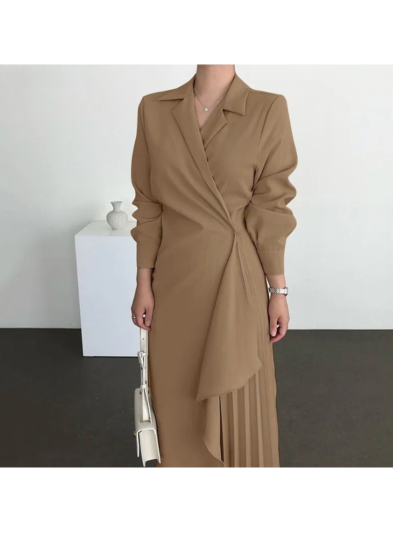 Elegant Suit Dress ，Women Fashion Business Lapel Skirt Dress，Long Sleeve High Waist Dress Windbreaker Style Large Skirt Dress  - Image 2