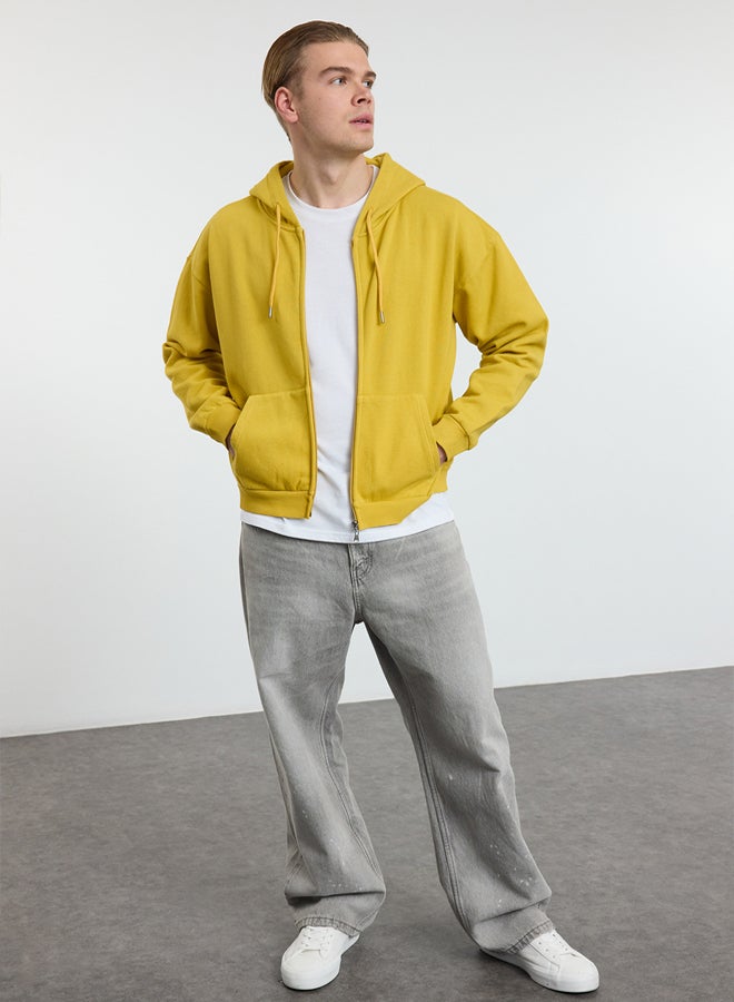 trendyol Mustard Oversize/Wide Cut Crop Kangaroo Pocket Short Hooded Sweatshirt - Image 1