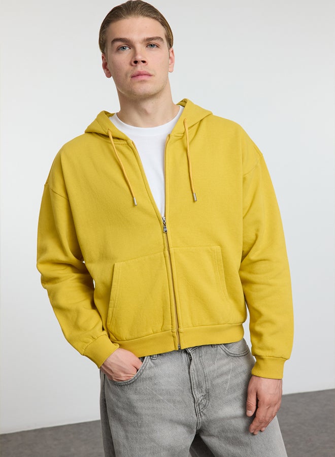 trendyol Mustard Oversize/Wide Cut Crop Kangaroo Pocket Short Hooded Sweatshirt - Image 2